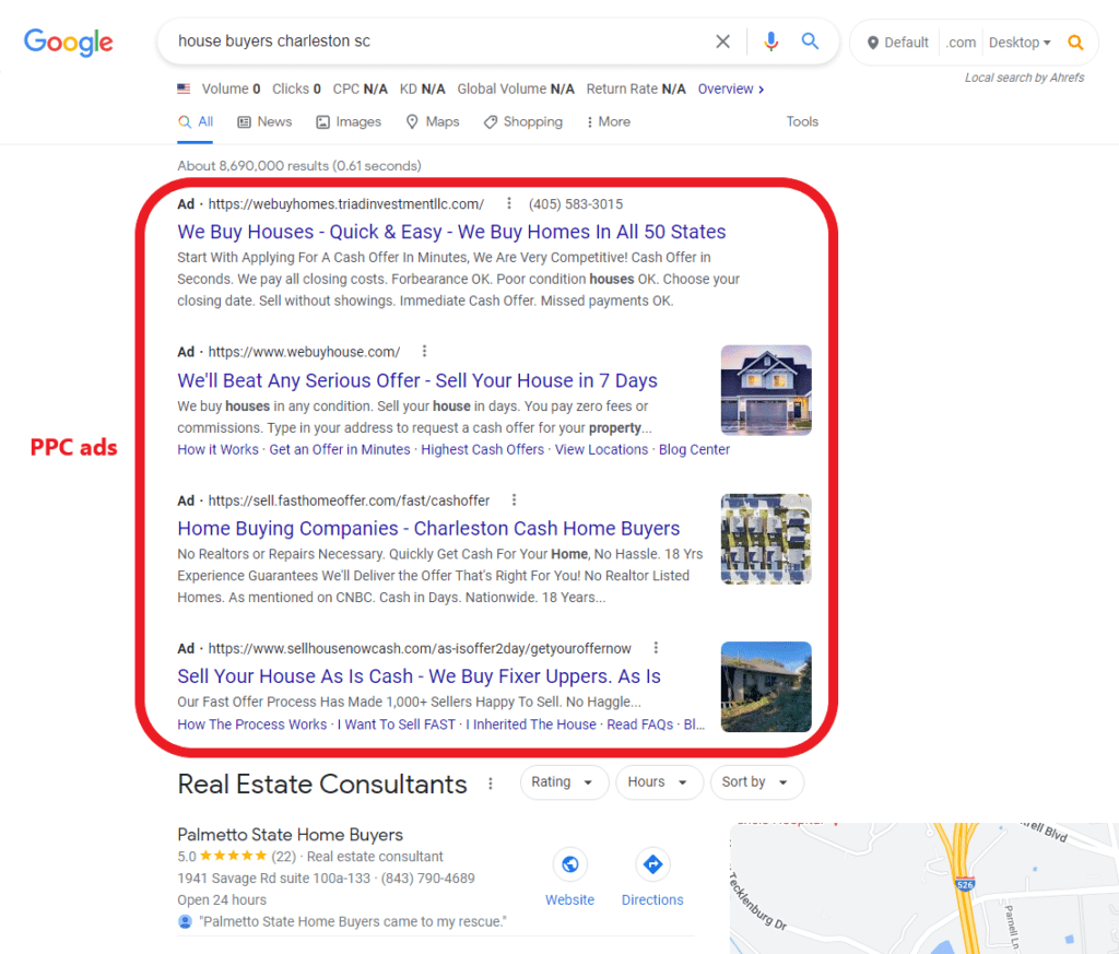 a screenshot showing PPC ads in a SERP