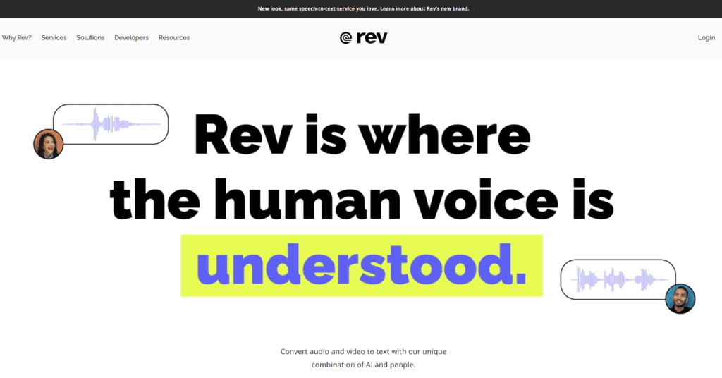 an image of the Hero page for Rev.com