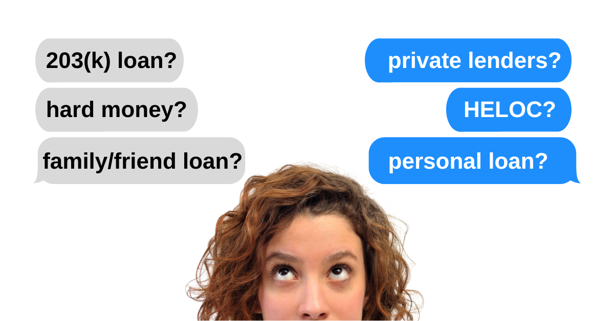 text bubbles with types of fix and flip loans written inside