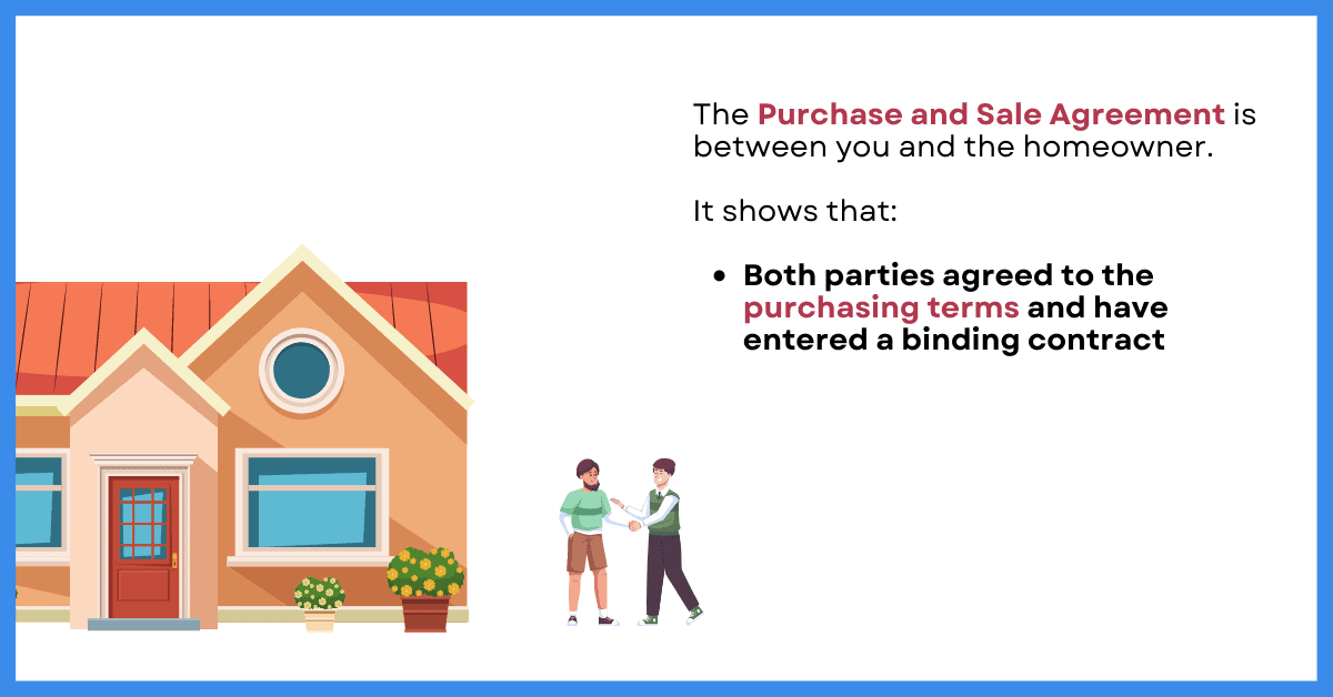 a cartoon image of a house and two men with text explaining what a purchase and sale agreement for real estate is and how it works