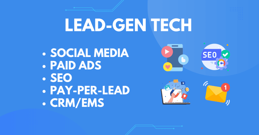 lead-gen tech heading and bullet-points for social media, paid ads, SEO, pay-per-lead, and CRM/EMS