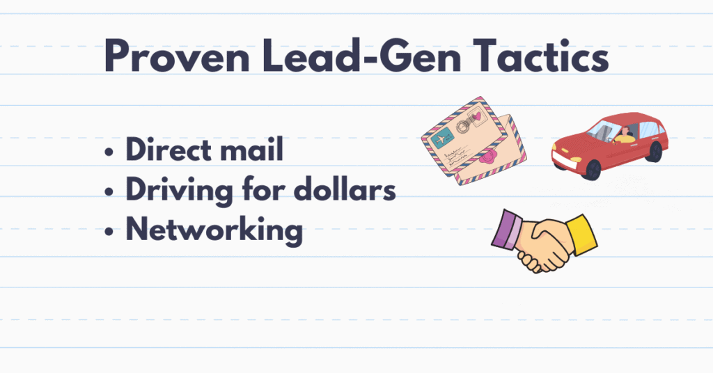 proven lead-gen tactics heading, with bullet-points for direct mail, driving for dollars, and networking